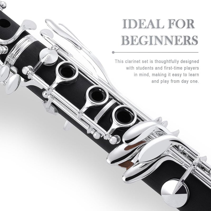 SONICAKE B Flat Clarinet for Beginner & Student, Nickel-plated Bb Ebonite Clarinet 2 Barrels, Reeds with Cleaning Kit, White Gloves and Hard Case, Black, QCR-01 - Image 2